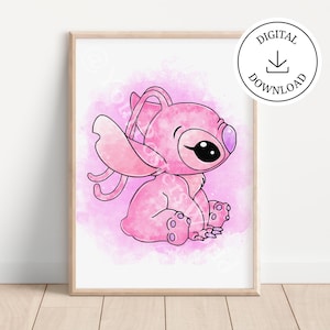 Stampa artistica ad acquerello di Lilo e Stitch - Poster stampabile di Lilo e Stitch - Decorazione murale digitale per la cameretta dei bambini - Poster Ohana significa famiglia