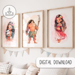 Set Of 3 Moana Inspired Watercolor Digital Posters - Cute Printable Posters - Nursery Wall Decor -Girl Room Wall Decoration - Princess Print