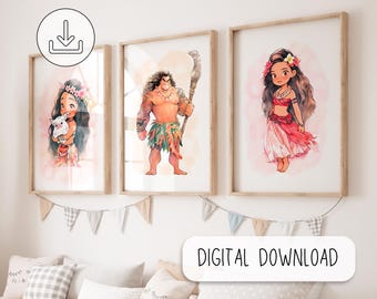 Set van 3 Moana geïnspireerde aquarel digitale posters - schattige afdrukbare posters - kinderkamer wanddecoratie - meisjeskamer wanddecoratie - prinsessenprint