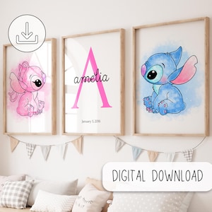 Personalized Lilo and Angel Watercolor Art, Nursery Room Wall Decor Gifts, Custom Initial Name Print, Stitch Painting, Wall Art Gift Poster