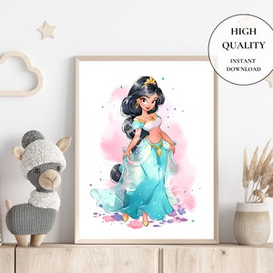 May include: A framed watercolor print of a princess in a teal gown with gold accents. The illustration has a pink and teal watercolor background. The print is labeled "HIGH QUALITY" and "INSTANT DOWNLOAD". The print is displayed on a wooden shelf with decorative items.