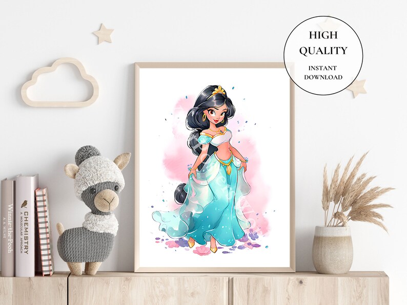 May include: A framed watercolor print of a princess in a teal gown with gold accents. The illustration has a pink and teal watercolor background. The print is labeled "HIGH QUALITY" and "INSTANT DOWNLOAD". The print is displayed on a wooden shelf with decorative items.