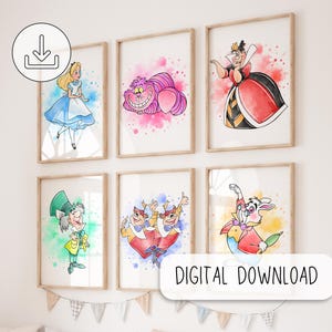 Alice in Wonderland Printable Wall Art Decor, Girl Room Nursery Art Decor - Digital Bedroom Decor - Cheshire Cat, Mad hatter, White Rabbit