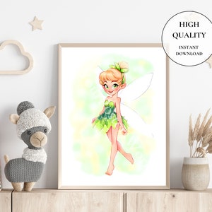 May include: A framed print featuring a cartoon fairy with green and yellow accents. The fairy has blonde hair, green eyes, and a green dress. The print is labeled "HIGH QUALITY" and "INSTANT DOWNLOAD". The print is displayed on a wooden shelf with decorative items.