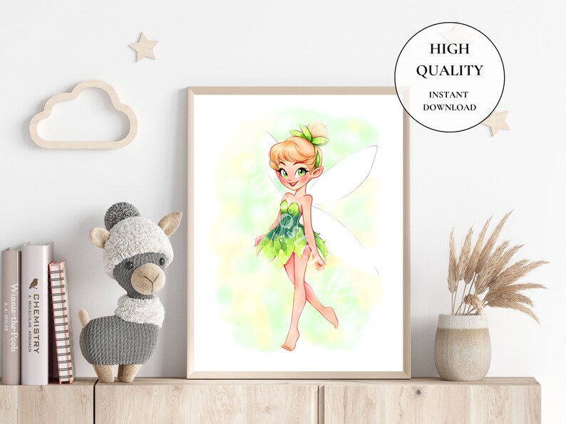 May include: A framed print featuring a cartoon fairy with green and yellow accents. The fairy has blonde hair, green eyes, and a green dress. The print is labeled "HIGH QUALITY" and "INSTANT DOWNLOAD". The print is displayed on a wooden shelf with decorative items.
