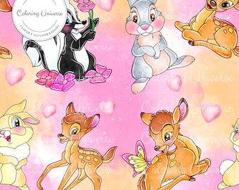 Op de afbeelding: Een roze en oranje aquarel achtergrond met cartoon illustraties van Bambi, Thumper en andere Disney-figuren. De figuren zijn omringd door harten en bloemen.