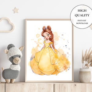May include: Watercolor illustration of a princess in a yellow gown, with brown hair and a tiara. The artwork is framed and features the text "HIGH QUALITY INSTANT DOWNLOAD". The image has a soft, dreamy aesthetic with yellow and orange watercolor splashes.