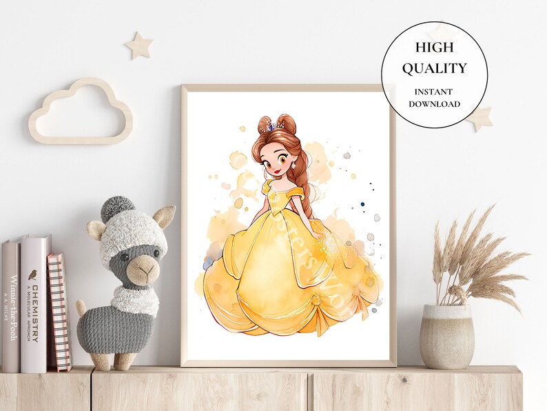 May include: Watercolor illustration of a princess in a yellow gown, with brown hair and a tiara. The artwork is framed and features the text "HIGH QUALITY INSTANT DOWNLOAD". The image has a soft, dreamy aesthetic with yellow and orange watercolor splashes.