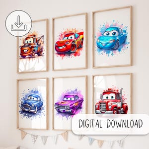 Impresión de la película Cars: póster de regalo para niños pequeños, impresiones minimalistas de Cars para dormitorio infantil, juego de 6 impresiones de acuarela con arte de coches, fondo de acuarela
