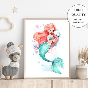 May include: A framed watercolor print of a mermaid with flowing red hair and a teal tail. She holds a small blue fish. The print is labeled "HIGH QUALITY INSTANT DOWNLOAD". The artwork is displayed on a shelf with decorative items.