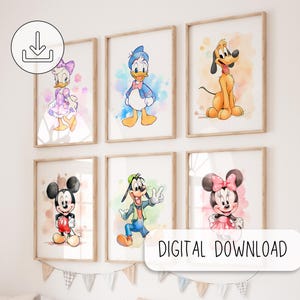 Set di acquerelli di Topolino - Acquerello digitale di Minnie Mouse, Paperina - Decorazione artistica da parete per la cameretta dei bambini - Carini poster stampabili Chibi