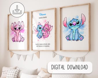 Personalisierte Lilo und Engel Aquarell Kunst - Ohana Kinderzimmer Wanddekoration Geschenke, Personalisierter Spruch Druck, Maschenmalerei, Wandkunst Geschenk Poster