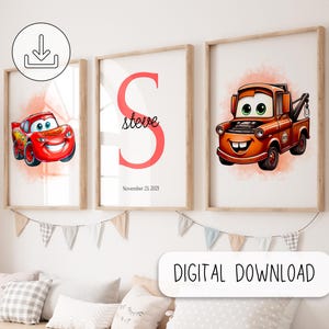 Autos Namensdruck - Personalisiertes Geschenkposter für Jungen - Autos Kinderzimmer Schlafzimmer Drucke - Personalisierter Initialen Namensdruck - Autos Kunst 3er Set Drucke