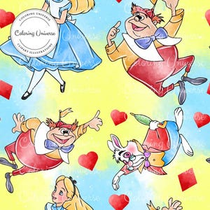 Alice in Wonderland Seamless Pattern - Sublimation File - Cheshire Cat Digital Paper, Mad hatter Scrapbooking File, Cartoon Seamless Pattern