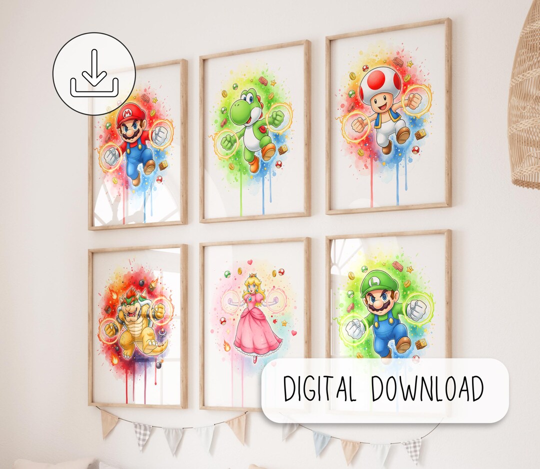 Cute Set of 6 Super Mario Posters, Super Mario Painting - Mario Wall ...