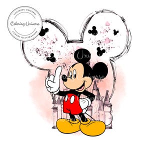 May include: A cartoon illustration of Mickey Mouse in front of a pink watercolor background with a sketch of Mickey Mouse's ears. Mickey Mouse is wearing his signature red shorts and yellow shoes. He is pointing his right index finger up.