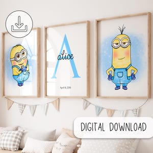 Arte acquerello Minions personalizzata, regali per decorazioni da parete per la cameretta dei bambini, stampa personalizzata con nome iniziale, dipinto Minion - poster regalo di arte murale carina