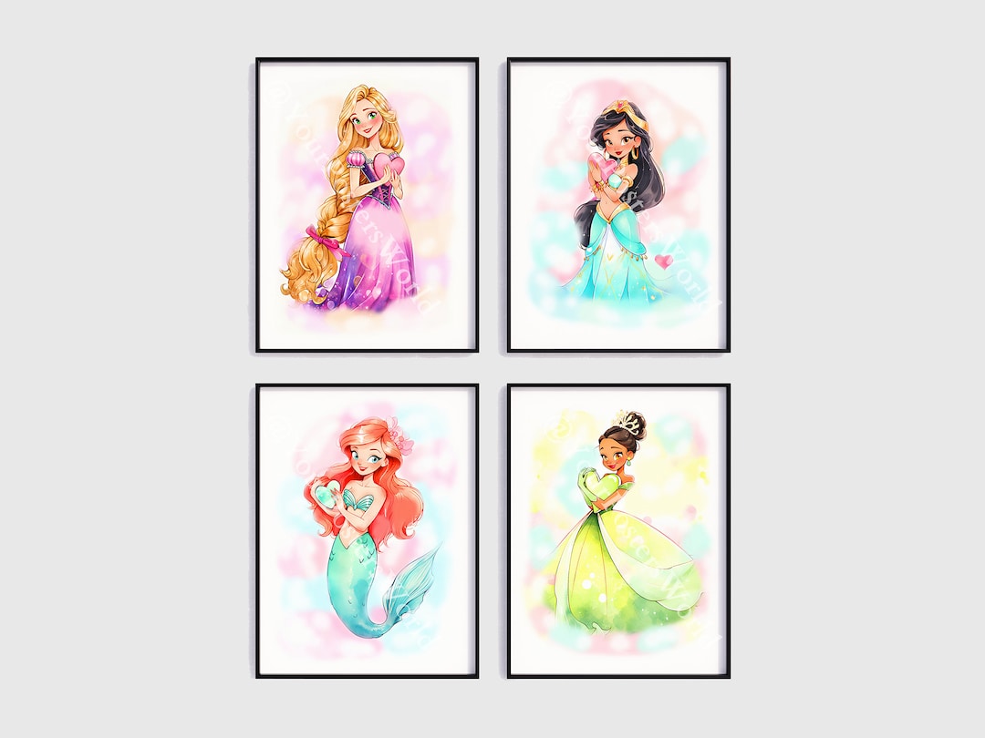 Princesses Set of 4 Posters Printable Wall Art Decor Girl Love Room