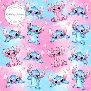 Modello senza cuciture con angeli e punti - File per sublimazione dei punti - Carta digitale Stitch, File per scrapbooking con angeli - Modello senza cuciture con cartoni animati