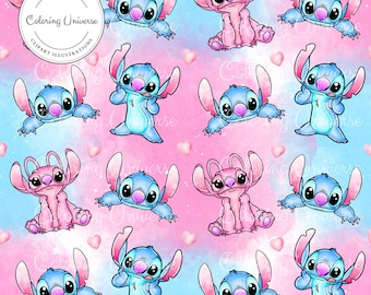 Angel And Stitch Seamless Pattern - Stitch Sublimation File - Stitch Digital Paper, Angel Scrapbooking File - Cartoon Seamless Pattern