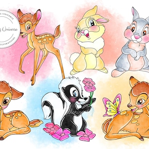 Leuke set aquarel Bambi clipart - Bambi Flower & Friends sublimatiebundel - transparante achtergrond, sublimatie aquarel ontwerp