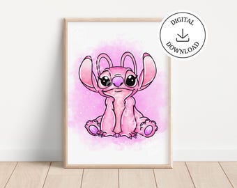 Lilo and Stitch Watercolor Art Print - Lilo and Stitch Printable Poster - Nursery Room Digital Wall Decor - Ohana Means Family Poster
