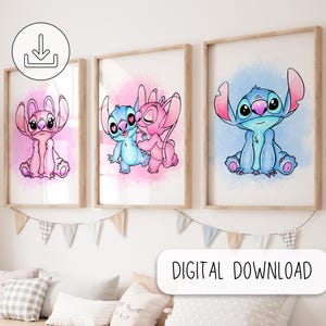 Lilo y Stitch acuarela arte impresión - Lilo y Stitch cartel imprimible - decoración de la pared digital de la sala de la guardería - Ohana significa cartel familiar