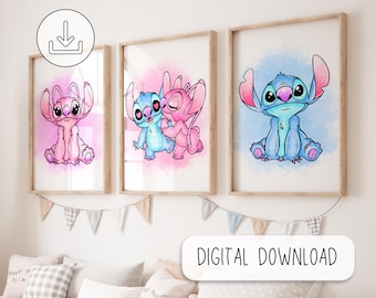 Lilo and Stitch Watercolor Art Print - Lilo and Stitch Printable Poster - Nursery Room Digital Wall Decor - Ohana Means Family Poster