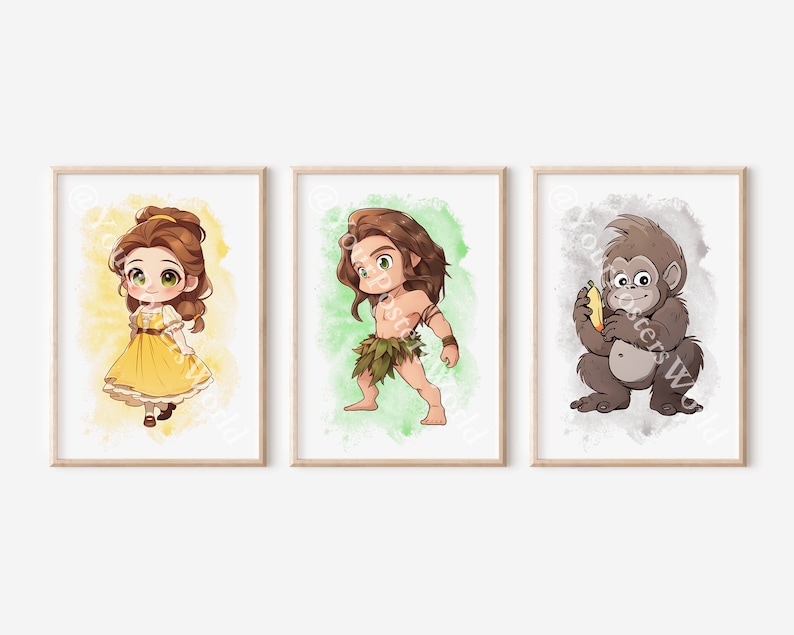 May include: Three framed prints featuring cartoon characters. The first print shows a young woman with brown hair wearing a yellow dress. The second print shows a young man with brown hair wearing a green loincloth. The third print shows a brown gorilla holding a yellow banana.