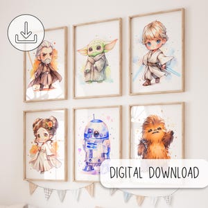 Niedliche Chibi-Star-Wars-Figuren – Kinderzimmer-Dekoration – Set mit 6 druckbaren Starwars-Postern – Babyzimmer-Dekor – Aquarell-Digitaldruck