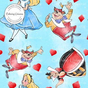 Alice in Wonderland Seamless Pattern - Sublimation File - Cheshire Cat Digital Paper, Mad hatter Scrapbooking File, Cartoon Seamless Pattern