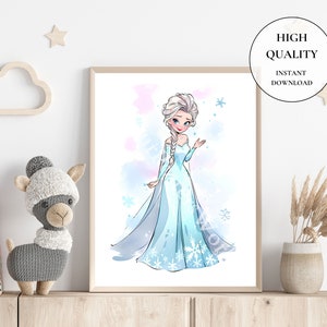 May include: A framed watercolor print of a princess in a blue gown with snowflakes. The print has a light blue and pink watercolor background. The text "HIGH QUALITY INSTANT DOWNLOAD" is in a circle in the upper right corner.