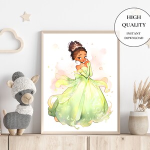 May include: A framed illustration of a princess in a green gown with a tiara. The artwork has a watercolor style with soft pink and gold accents. Text in a circle reads "HIGH QUALITY INSTANT DOWNLOAD".