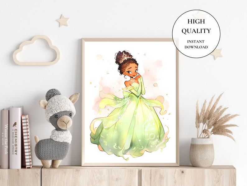 May include: A framed illustration of a princess in a green gown with a tiara. The artwork has a watercolor style with soft pink and gold accents. Text in a circle reads "HIGH QUALITY INSTANT DOWNLOAD".