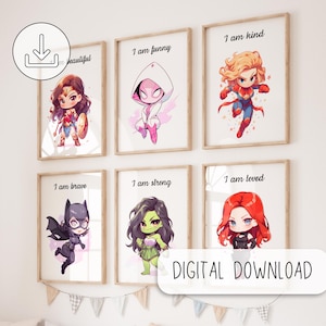 Cute Chibi Superhero Women Digital Prints - Superhero Wall Art Decor - Affirmation, Quote Posters - Set of 6 Super Woman Printable Posters