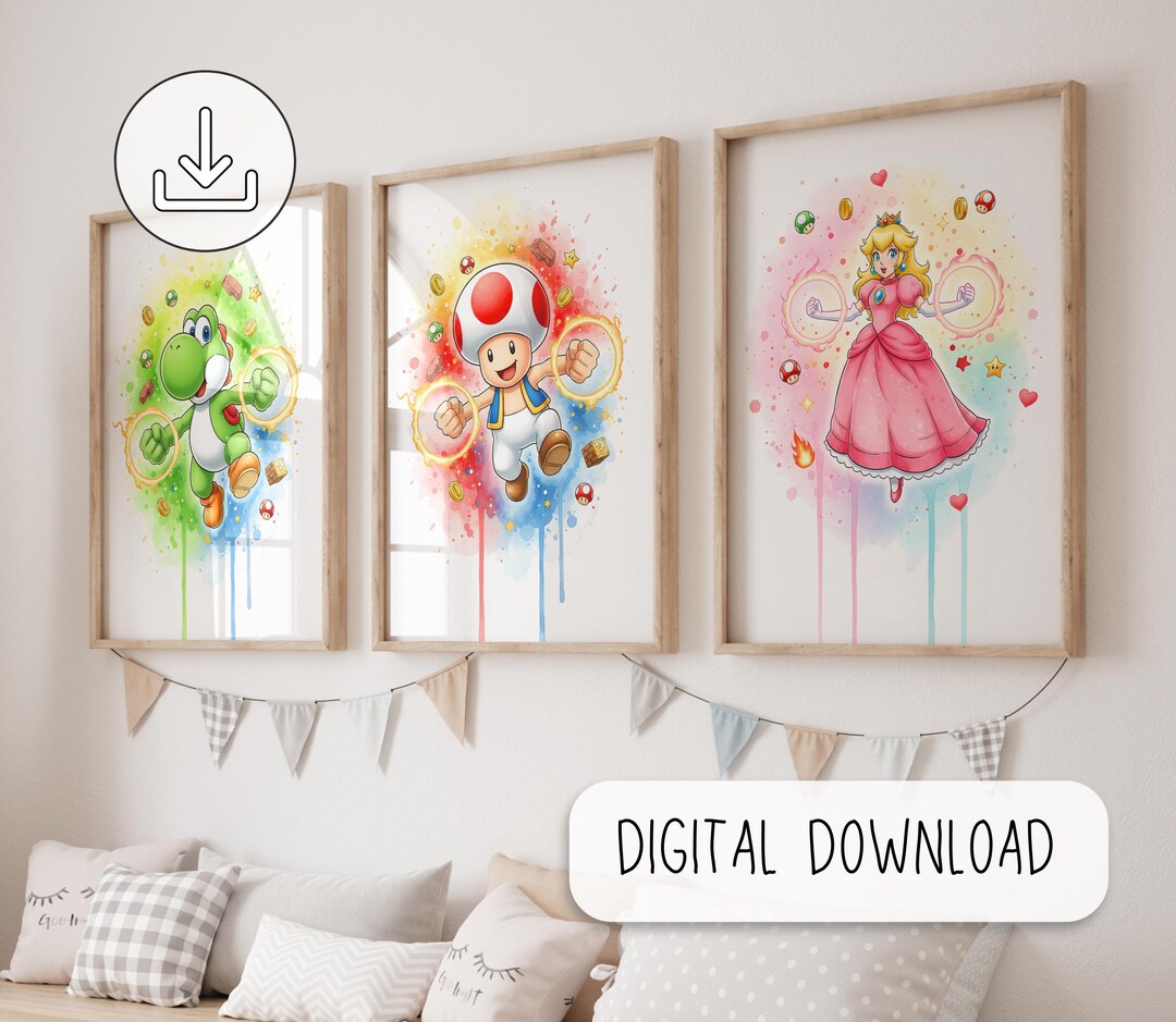 Cute Set of 3 Super Mario Posters - Super Mario Painting, Mario Wall ...