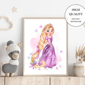 May include: A framed watercolor print of a princess with long blonde hair wearing a purple gown. The image has a pink watercolor background with floral accents. The print is labeled "High Quality, Instant Download".