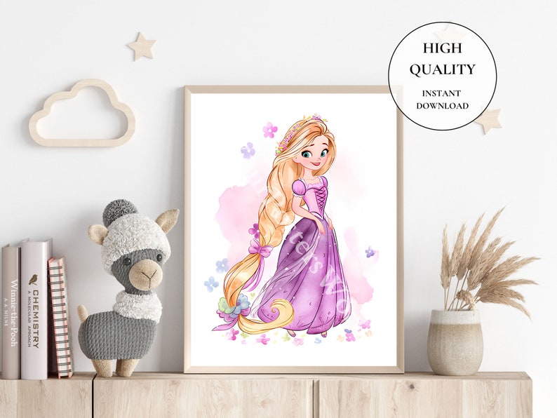 May include: A framed watercolor print of a princess with long blonde hair wearing a purple gown. The image has a pink watercolor background with floral accents. The print is labeled "High Quality, Instant Download".