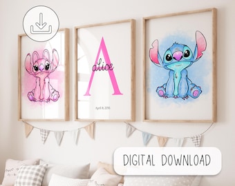 Personalisierte Lilo und Engel Aquarell Kunst, Kinderzimmer Wanddekoration Geschenke, Personalisierter Initialen Namensdruck, Maschenmalerei, Wandkunst Geschenk Poster