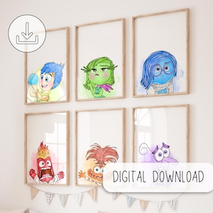 Galeria de personagens de Inside Out - Decoração de arte para impressão em quarto de berçário - Pôsteres digitais - Arte de parede em aquarela - Alegria, tristeza, raiva, nojo