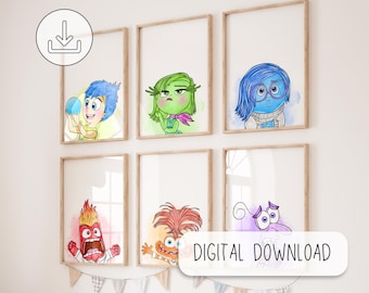 May include: Set of six printable digital art prints featuring characters from the movie Inside Out. The characters are Joy, Sadness, Anger, Disgust, Fear, and Bing Bong. Each character is depicted in a colorful, cartoon style.