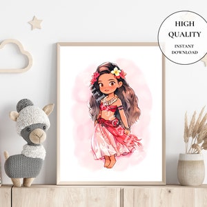 May include: A framed illustration of a cartoon girl in a red and white dress, with long brown hair and a flower in her hair. The image has a pink watercolor background. Text on the image reads "HIGH QUALITY INSTANT DOWNLOAD".