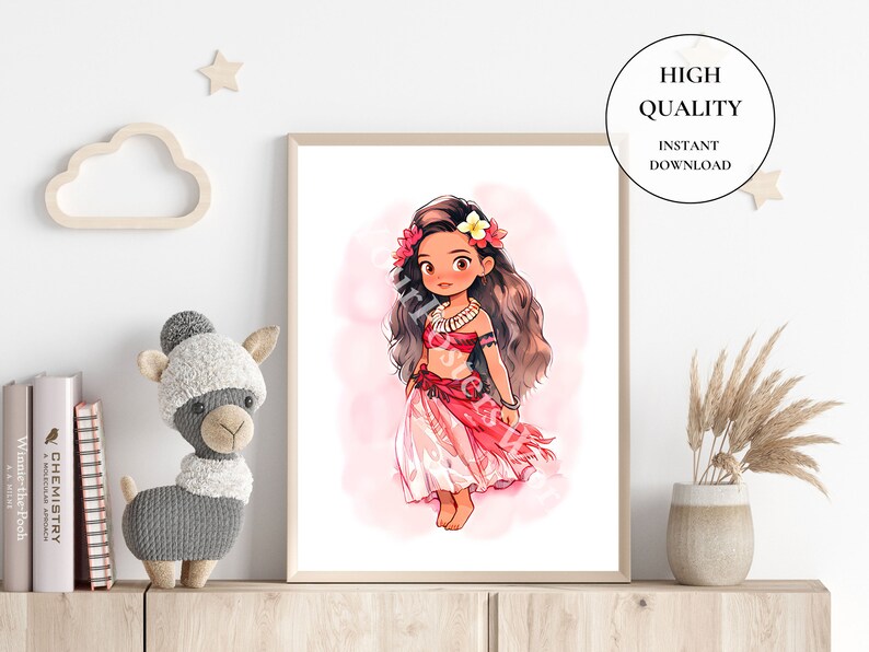 May include: A framed illustration of a cartoon girl in a red and white dress, with long brown hair and a flower in her hair. The image has a pink watercolor background. Text on the image reads "HIGH QUALITY INSTANT DOWNLOAD".