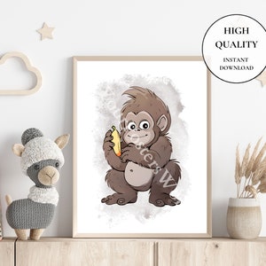 May include: A digital illustration of a brown monkey holding a yellow banana. The monkey is smiling and has a white background with a watercolor effect.