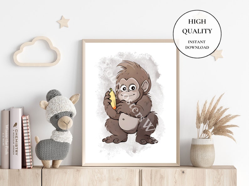 May include: A digital illustration of a brown monkey holding a yellow banana. The monkey is smiling and has a white background with a watercolor effect.