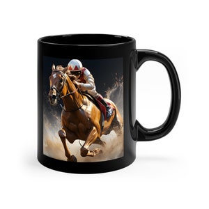 Colorful Race Horse and Jockey Ceramic Mug - 11oz Black Mug