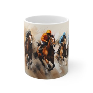 カラフルな競走馬のセラミックマグカップ - 11オンス - 馬術アートコーヒーカップ、競馬セラミックマグカップ、競馬マグカップ、競馬愛好家へのギフト