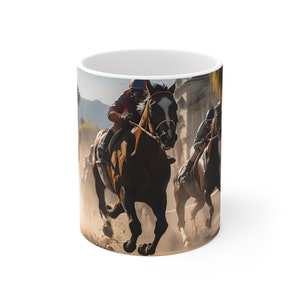 Thrilling Horse Race Ceramic Mug - 11 oz White Coffee Cup, Horse Race Ceramic Mug, Horse Racing Art, Thoroughbred Horses, Horse Racing Scene