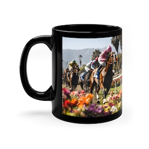 Turf Horse Race Ceramic Black Mug - 11 oz - Vibrant Jockeys and Colorful Turf, Horse Racing Mug, Horse Racing Gift