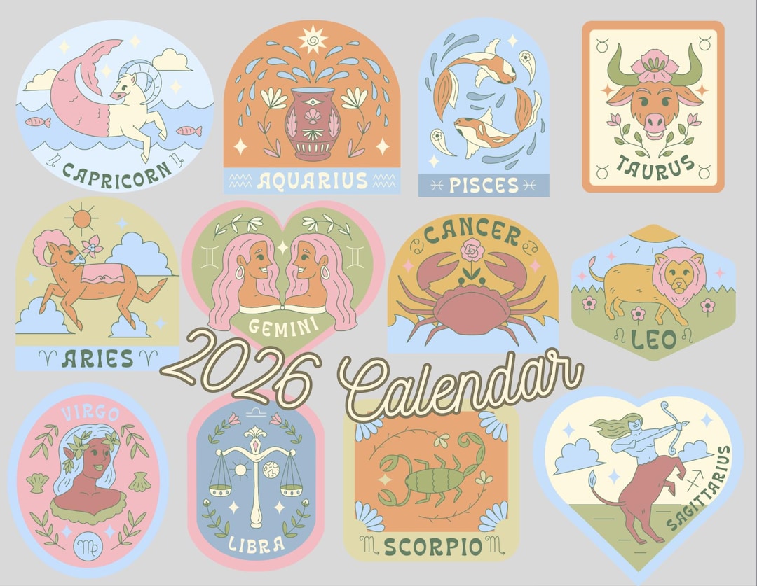 2026 Zodiac Wall Calendar | Astrology Illustrations, Colorful Art - Etsy
